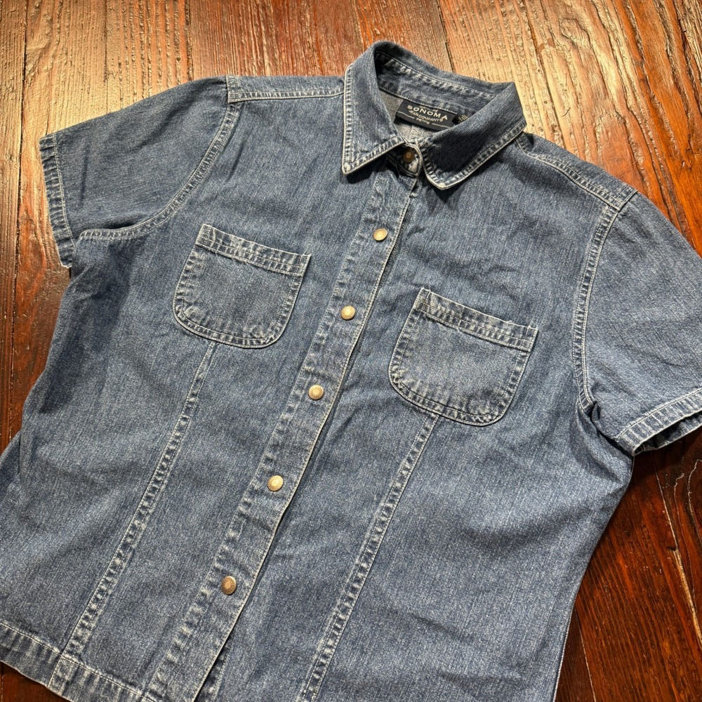 Vintage Sonoma Denim Shirt Womens PM Blue Snap Short Sleeve Pocket Petite